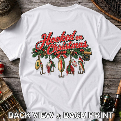 Hooked on Christmas Fishing Lure Ornaments Graphic T-Shirt | Back Print