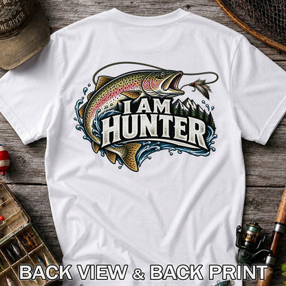 I Am Hunter Rainbow Trout Fly Fishing Mountain Graphic T-Shirt | Back Print