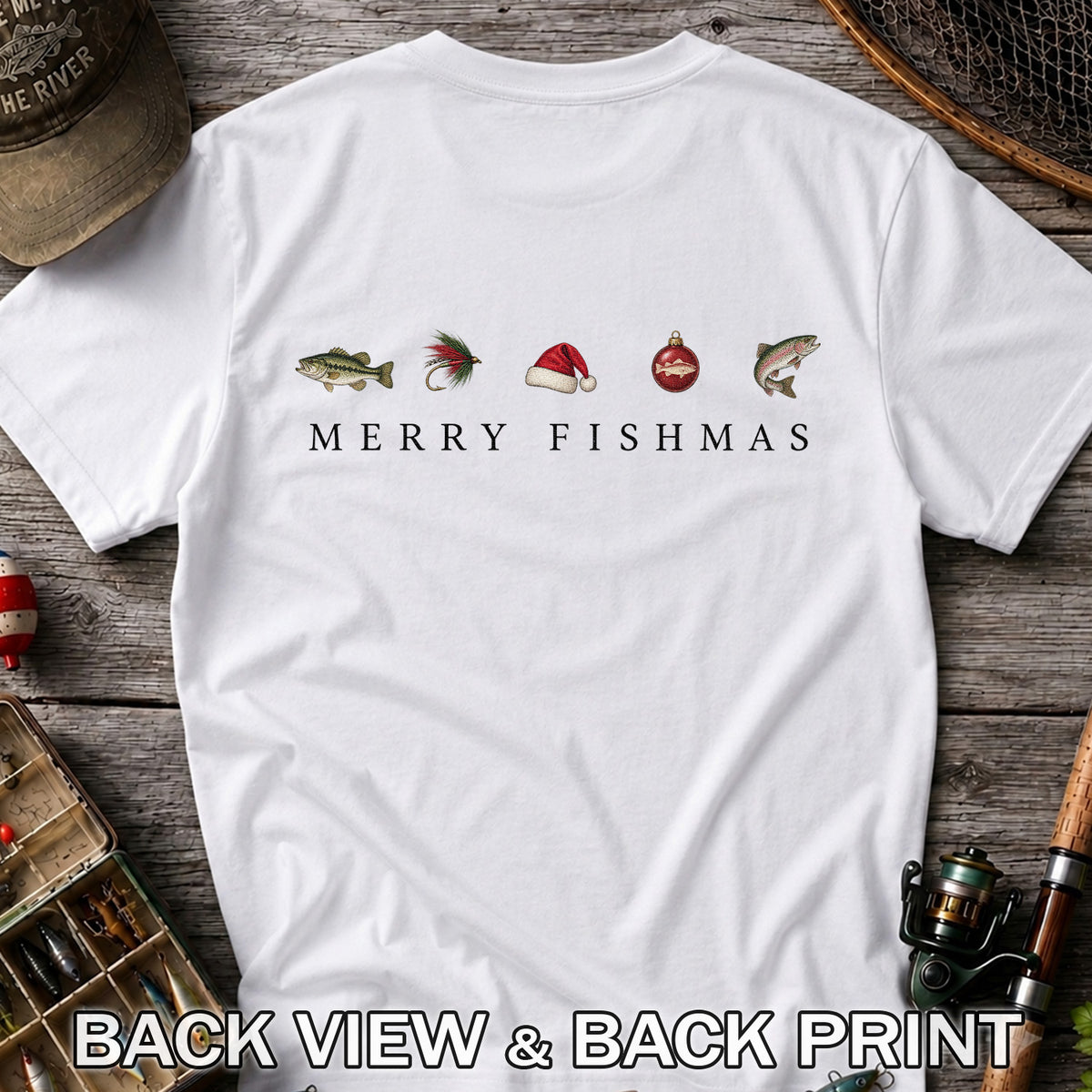 Christmas Fish Icons Fishing Graphic T-Shirt | Back Print