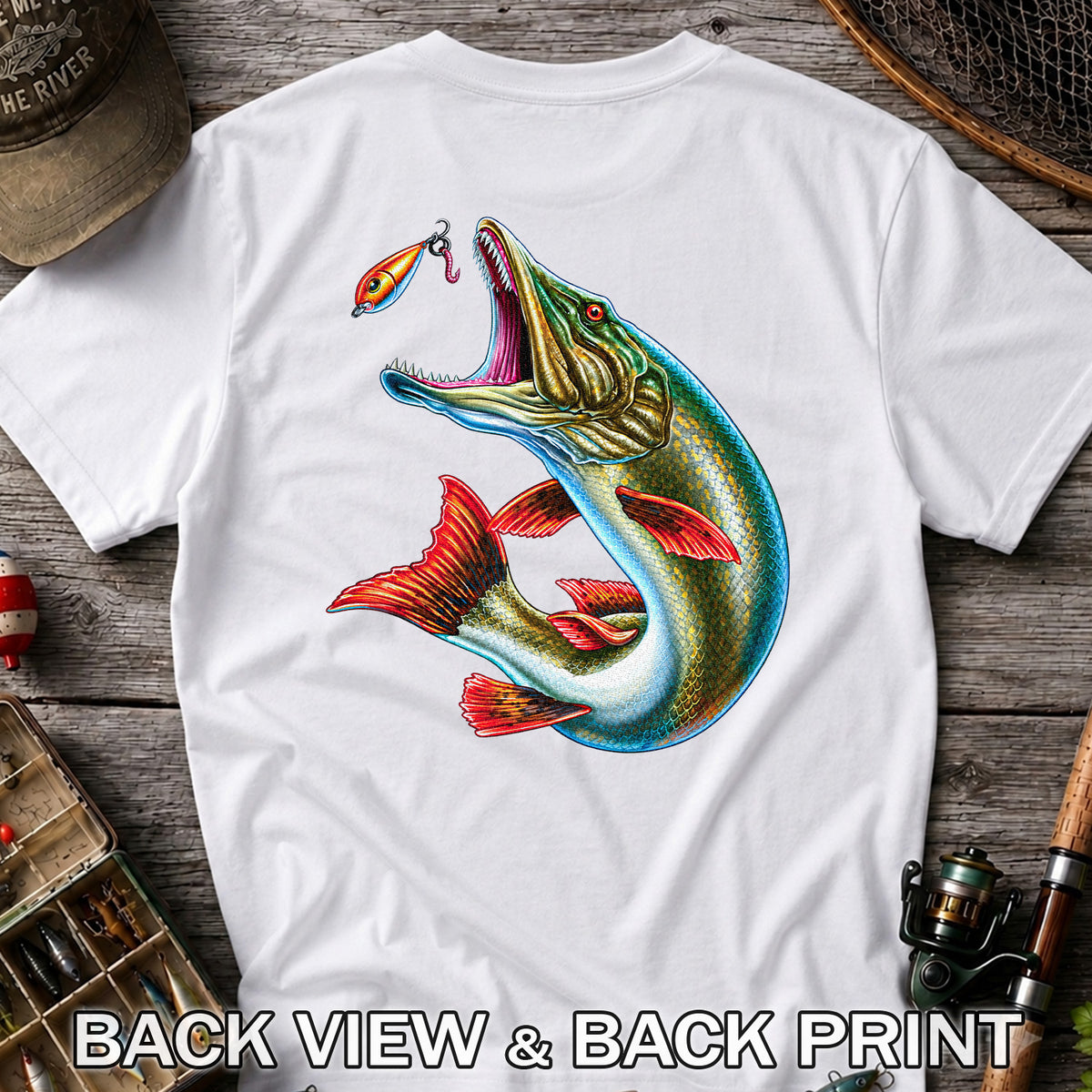 Northern Pike Chasing Fishing Lure Graphic T-Shirt | Back Print