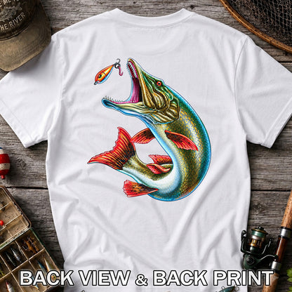 Northern Pike Chasing Fishing Lure Graphic T-Shirt | Back Print