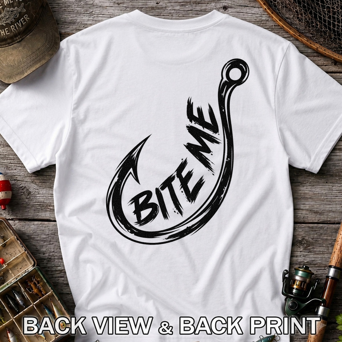 Bite Me Fishing Hook Funny Angler Graphic T-Shirt | Back Print