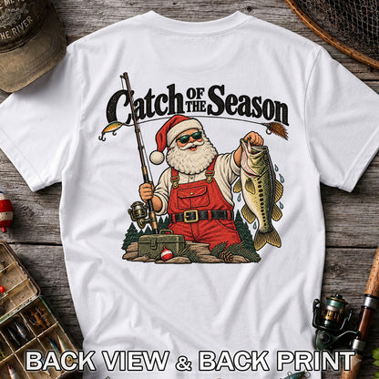 Catch of the Season Santa Bass Fishing Christmas T-Shirt | Back Print