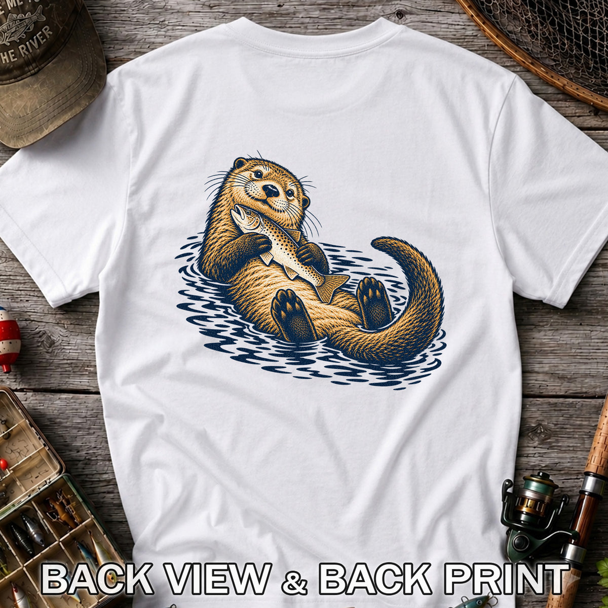 Cute Otter Holding Fish Hand Drawn Fishing Graphic T-Shirt | Back Print
