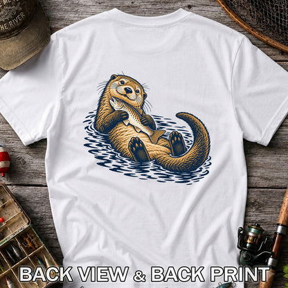 Cute Otter Holding Fish Hand Drawn Fishing Graphic T-Shirt | Back Print