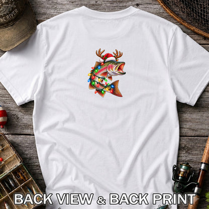 Christmas Rainbow Trout with Santa Hat, Antlers and Holiday Lights Fishing T-Shirt | Back Print