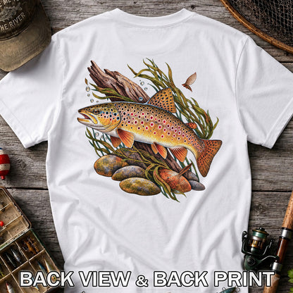 Vintage Brown Trout River Fishing Graphic T-Shirt | Back Print