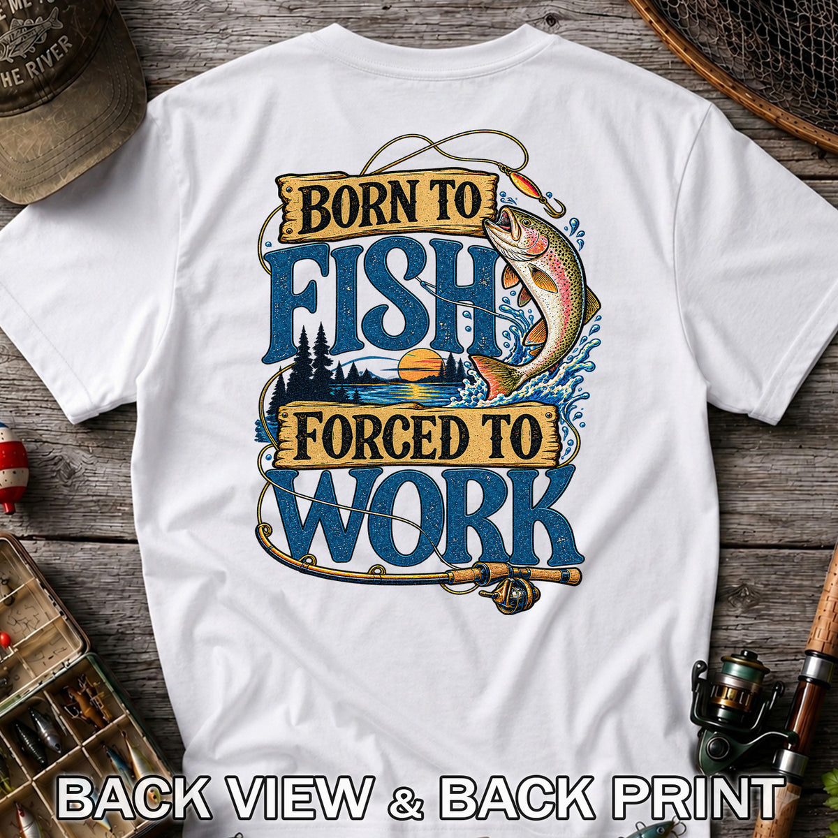 Rainbow Trout Lake Sunset Fishing Graphic T-Shirt | Back Print