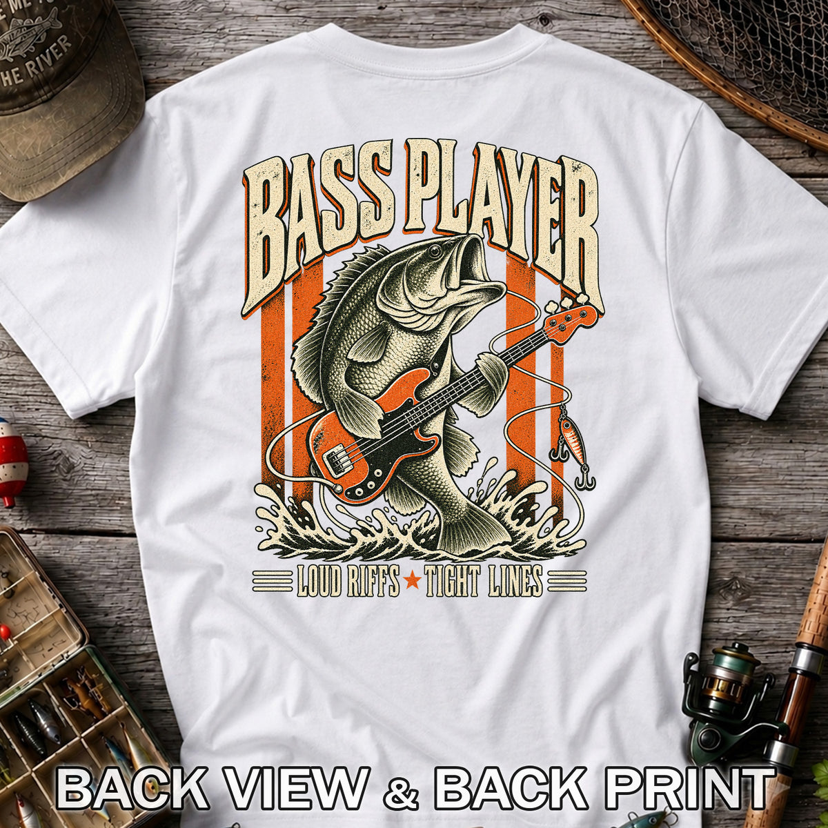 Bass Playing Guitar Vintage Fishing Graphic T-Shirt | Back Print