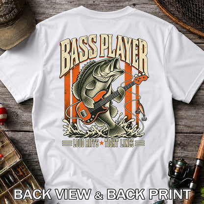 Bass Playing Guitar Vintage Fishing Graphic T-Shirt | Back Print