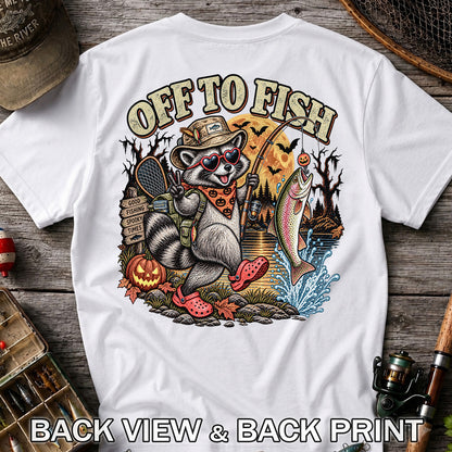 Off to Fish Raccoon and Trout Halloween T-Shirt - Good Fishing Spooky Times | Back Print