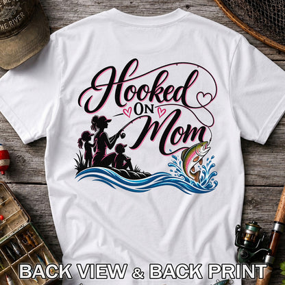 Hooked on Mom Rainbow Trout Family Fishing T-Shirt | Back Print