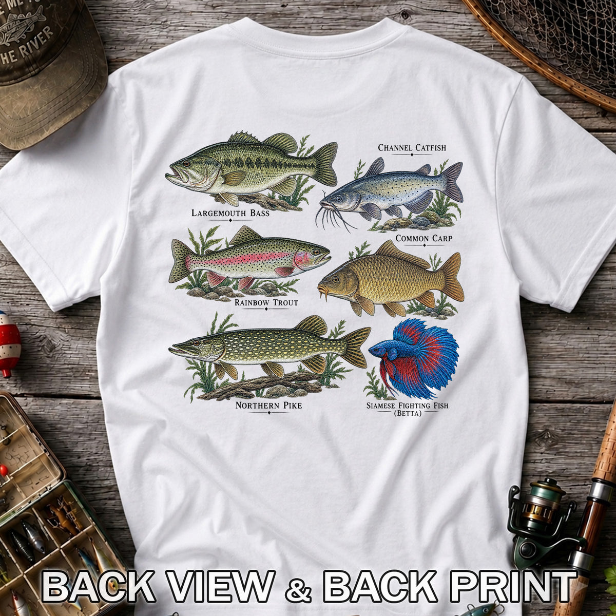 Bass Trout Catfish Carp Pike and Betta Freshwater Fish Graphic T-Shirt | Back Print
