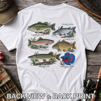 Bass Trout Catfish Carp Pike and Betta Freshwater Fish Graphic T-Shirt | Back Print