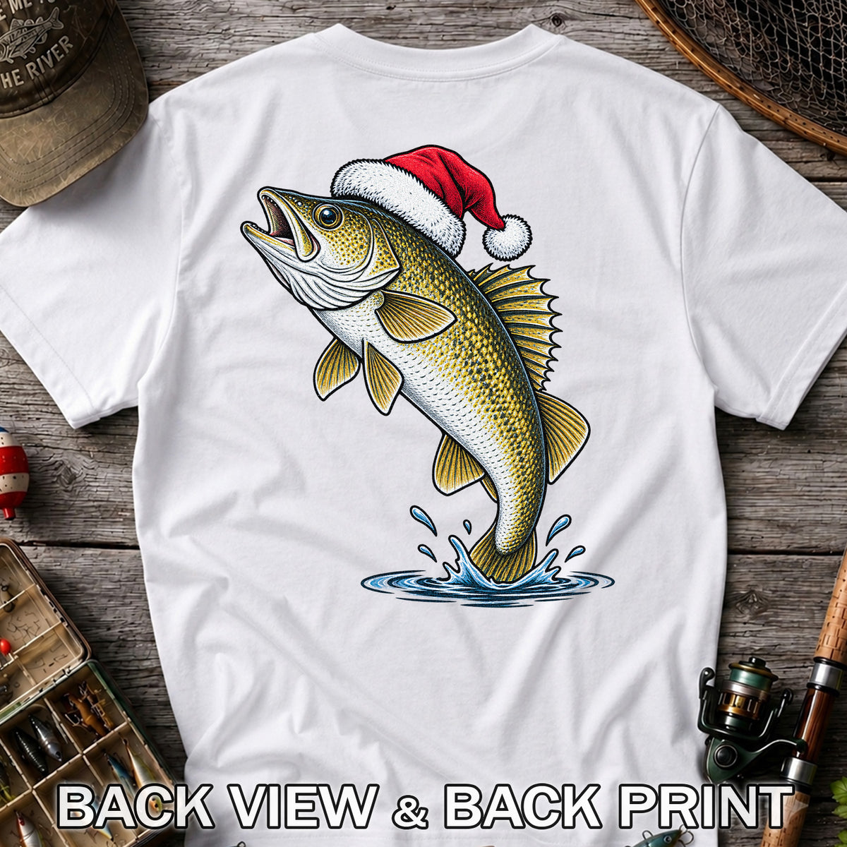 Santa Hat Walleye Christmas Fishing Graphic T-Shirt | Back Print