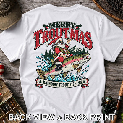 Merry Troutmas Santa Riding a Rainbow Trout Christmas Fishing T-Shirt | Back Print