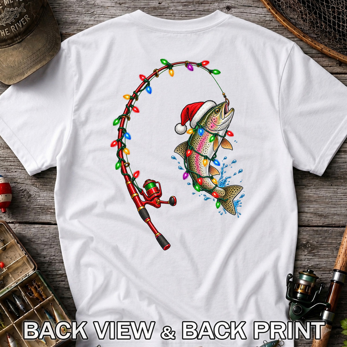 Christmas Rainbow Trout with Santa Hat and Lights Fishing T-Shirt | Back Print