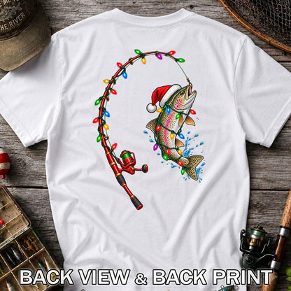 Christmas Rainbow Trout with Santa Hat and Lights Fishing T-Shirt | Back Print