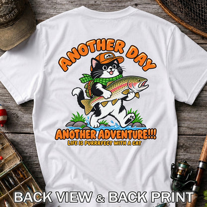 Another Day Another Adventure Cat and Trout Fishing Graphic T-Shirt | Back Print