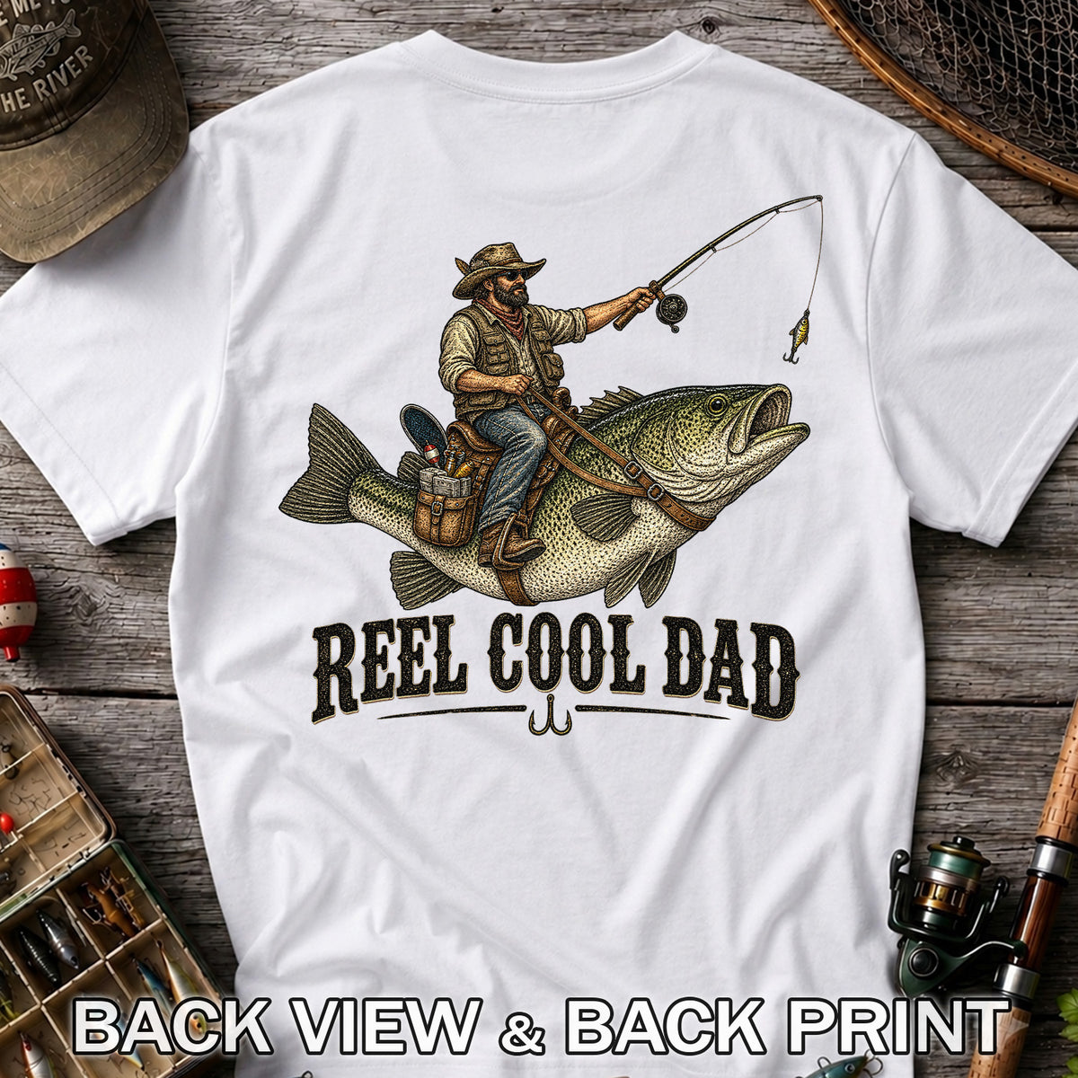 Reel Cool Dad Cowboy Riding a Bass Fishing Graphic T-Shirt | Back Print