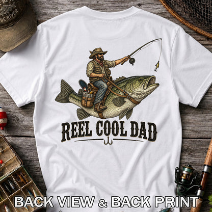 Reel Cool Dad Cowboy Riding a Bass Fishing Graphic T-Shirt | Back Print
