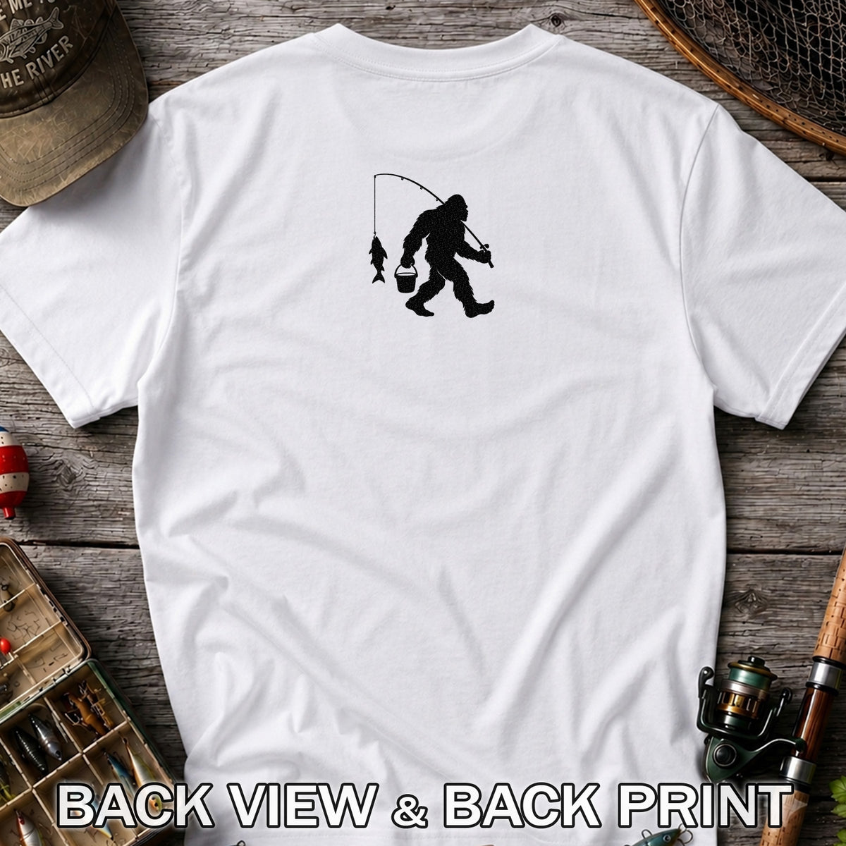 Fishing Silhouette with Catch and Bucket Graphic T-Shirt | Back Print
