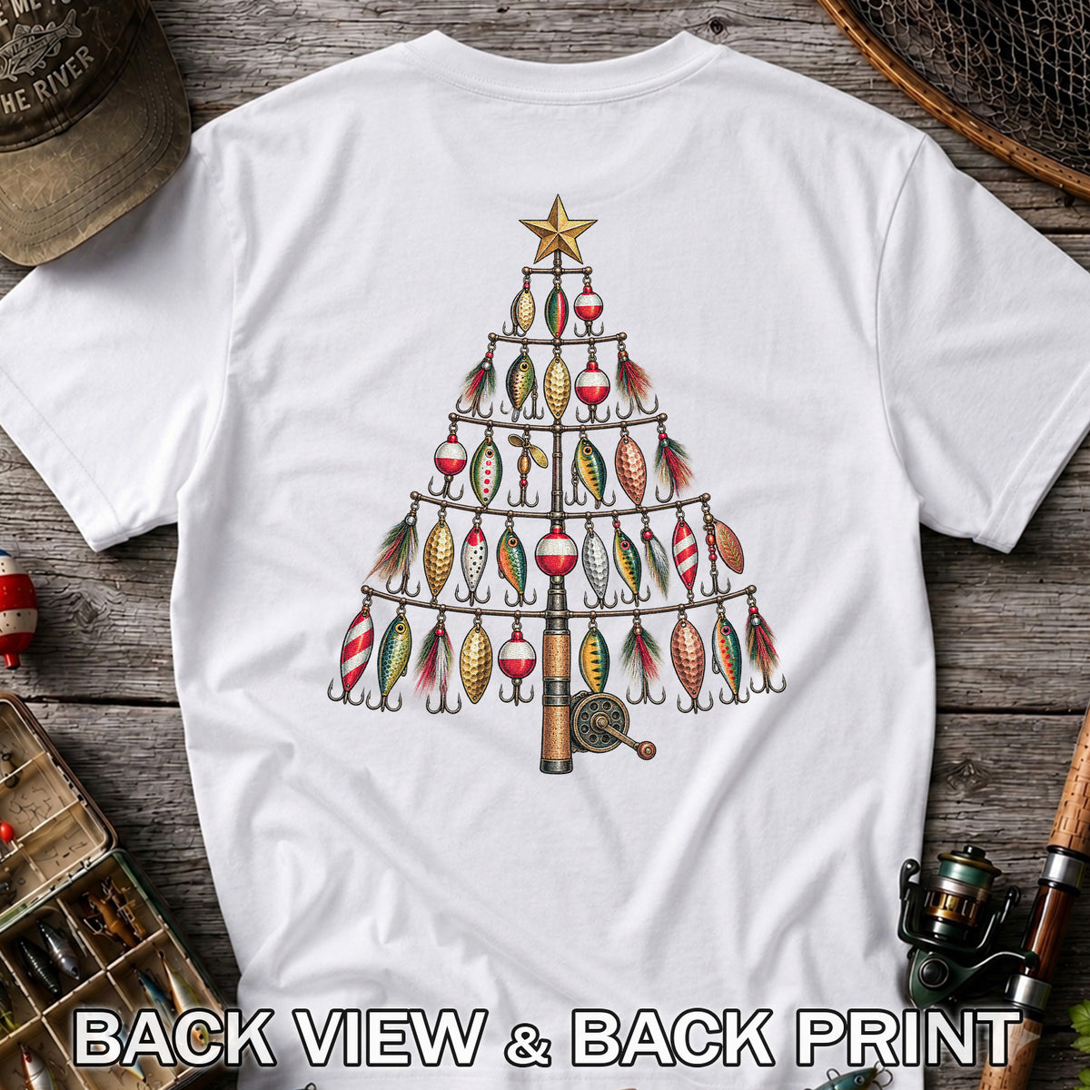 Fishing Lure Christmas Tree with Rod and Reel Graphic T-Shirt | Back Print