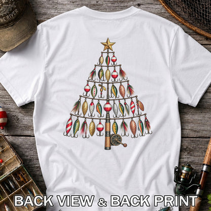 Fishing Lure Christmas Tree with Rod and Reel Graphic T-Shirt | Back Print