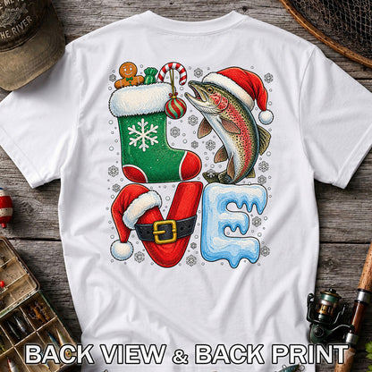 LOVE Christmas Rainbow Trout Fishing Graphic T-Shirt | Back Print
