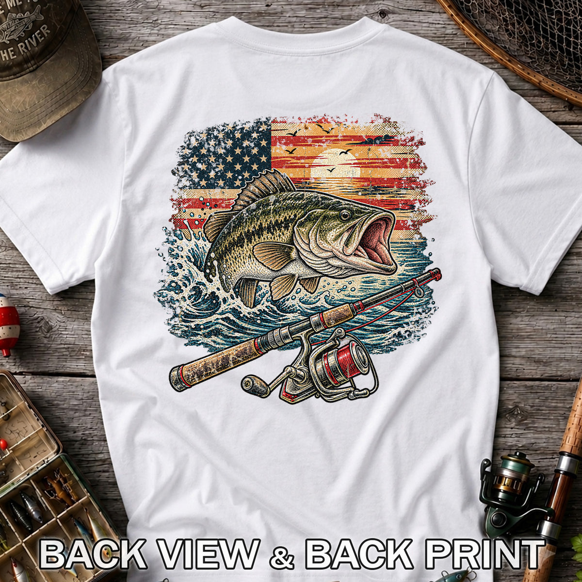 American Flag Largemouth Bass Fishing Graphic T-Shirt | Back Print