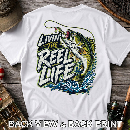 Livin' the Reel Life Jumping Bass Fishing Graphic T-Shirt | Back Print