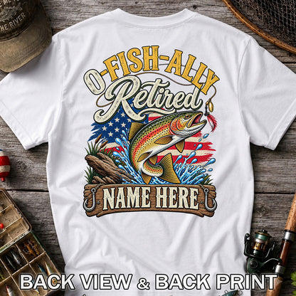 Retired Rainbow Trout American Flag Fishing T-Shirt | Back Print