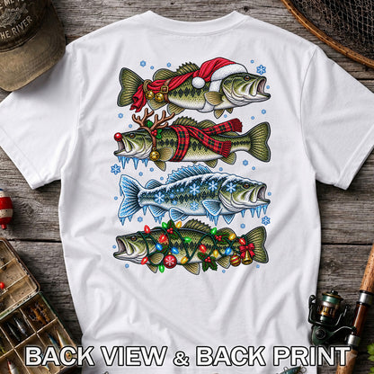 Christmas Bass with Santa Hat and Holiday Lights Fishing T-Shirt | Back Print