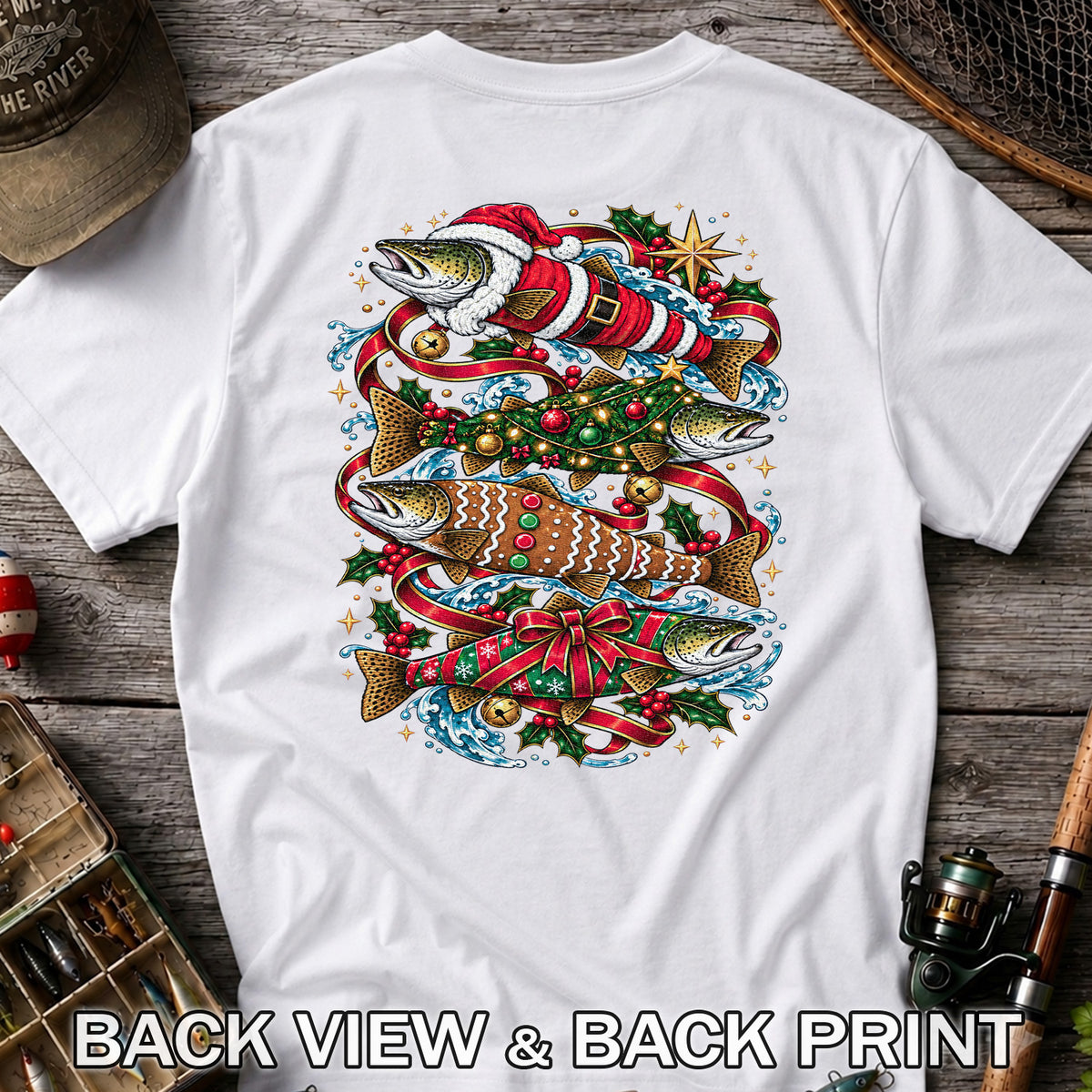Santa and Gingerbread Trout Christmas Fishing Graphic T-Shirt | Back Print