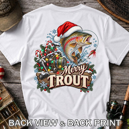 Merry Trout Christmas Rainbow Trout and Fishing Reel T-Shirt | Back Print
