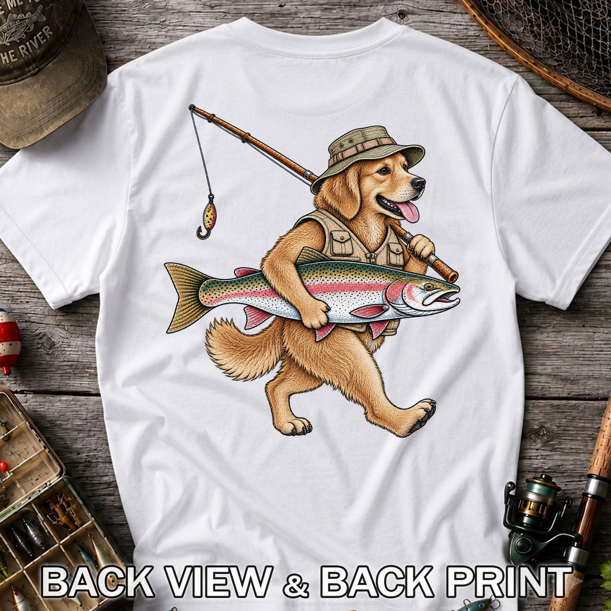 Golden Retriever Holding Rainbow Trout Fishing Graphic T-Shirt | Back Print