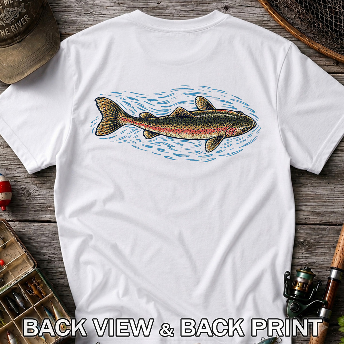 Rainbow Trout River Fishing Graphic T-Shirt | Back Print