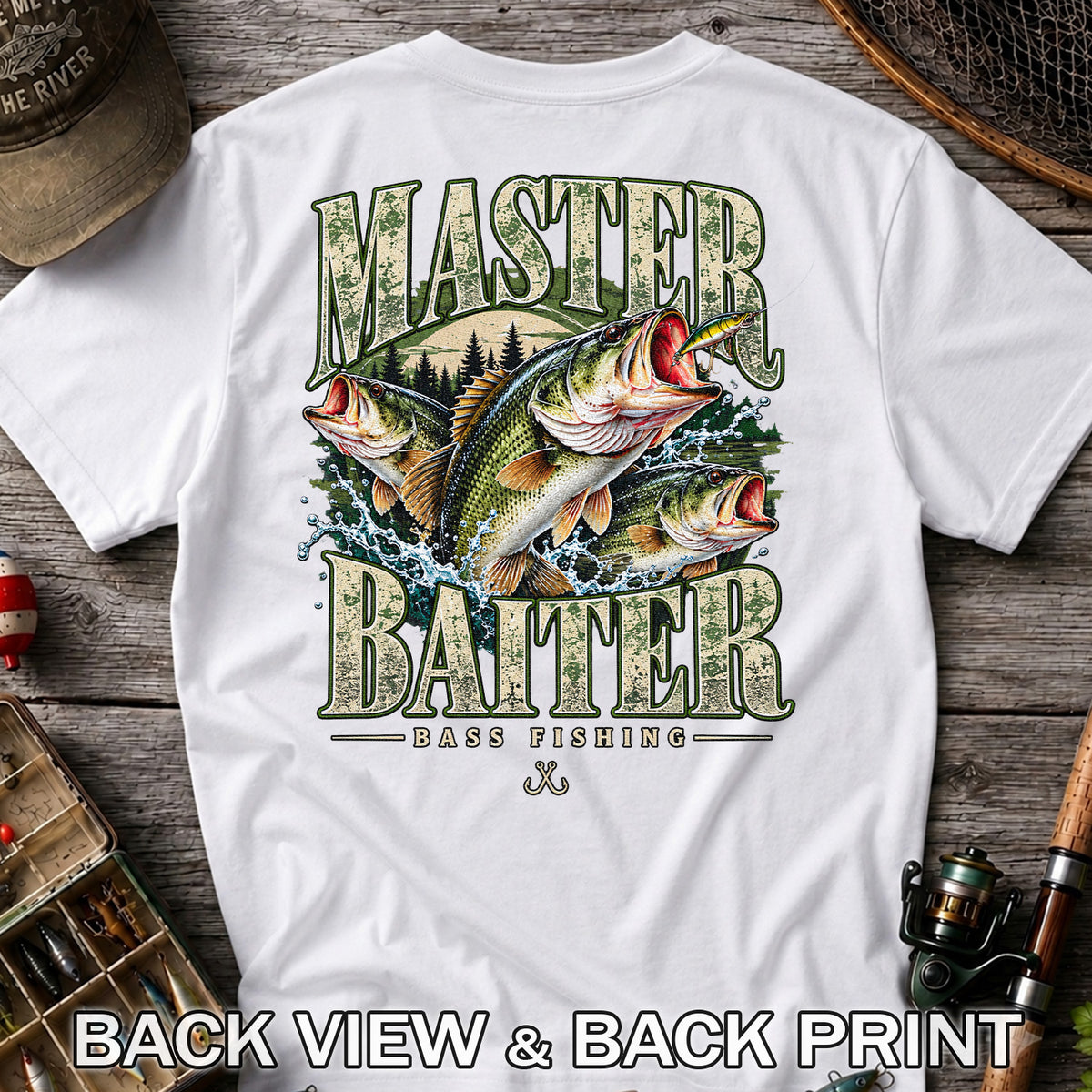 Master Baiter Bass Fishing Funny Vintage Graphic T-Shirt | Back Print