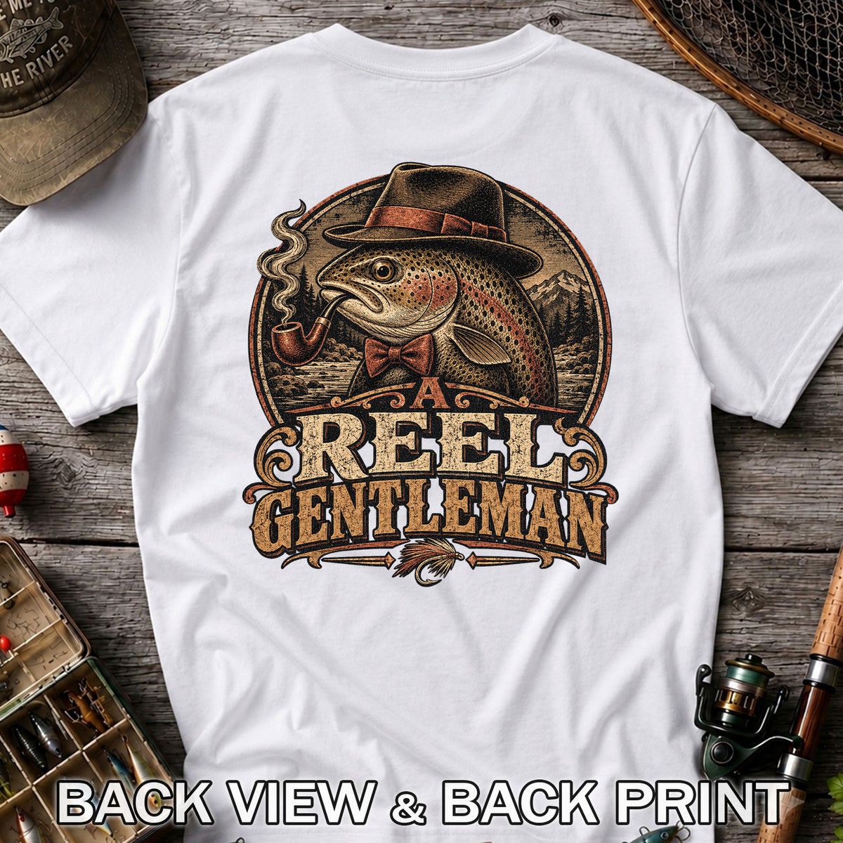 A Reel Gentleman Trout Fishing Vintage Graphic T-Shirt | Back Print