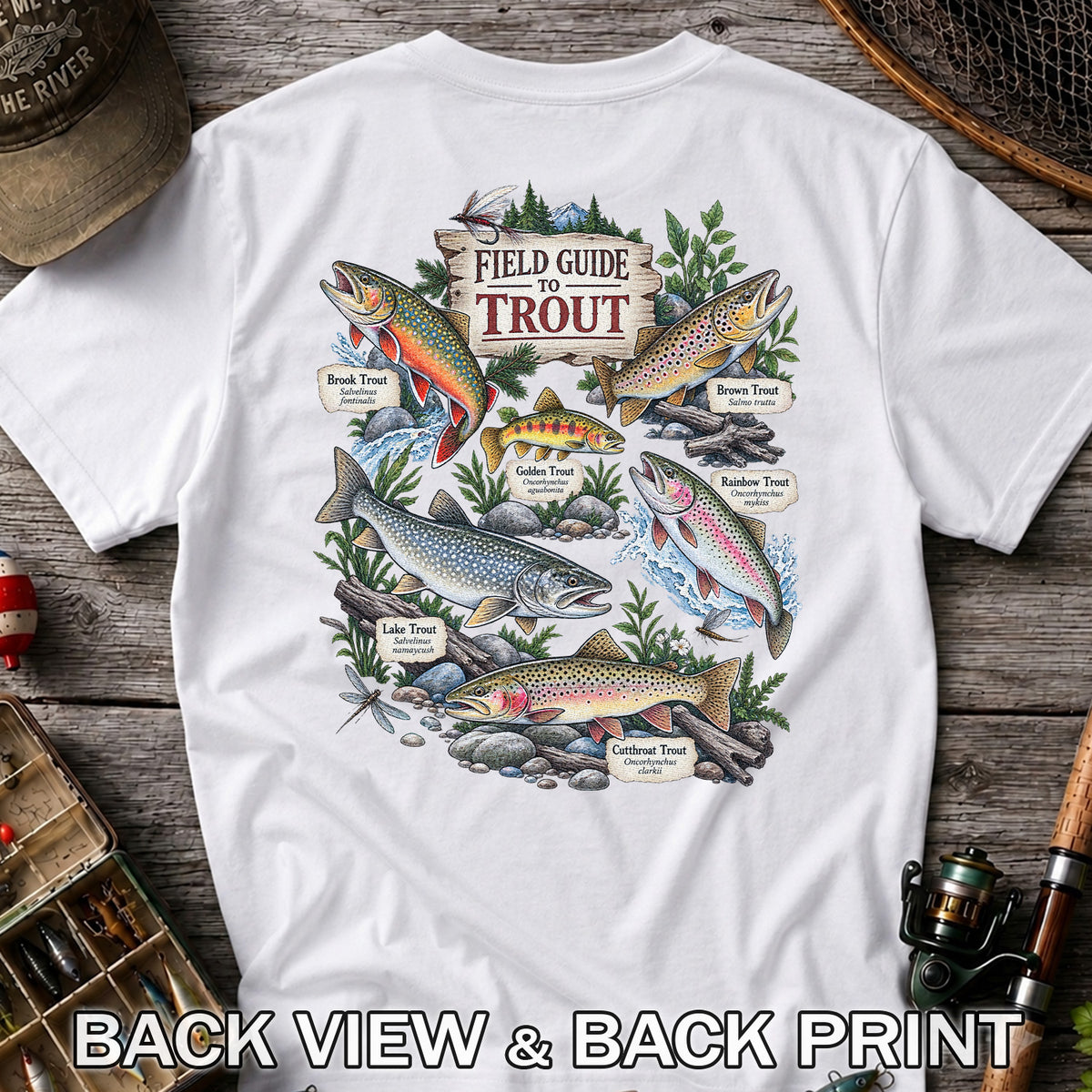 Field Guide to Trout Vintage Freshwater Fishing Graphic T-Shirt | Back Print