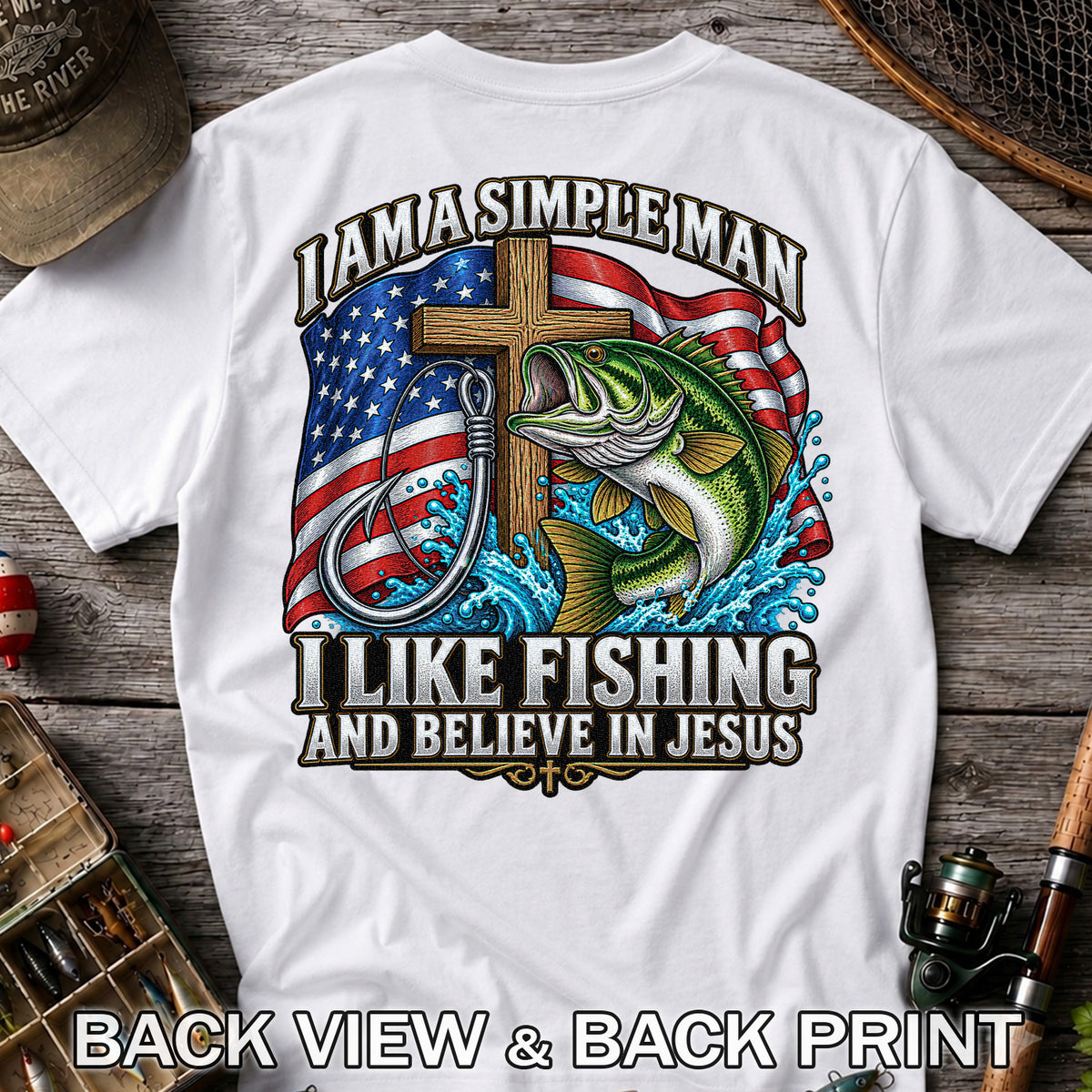 American Flag Bass Fishing Faith Patriotic Graphic T-Shirt | Back Print