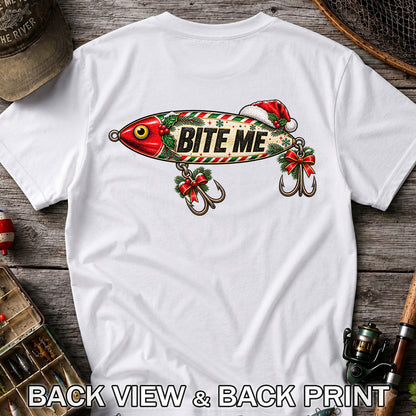 Bite Me Christmas Fishing Lure Funny Graphic T-Shirt | Back Print