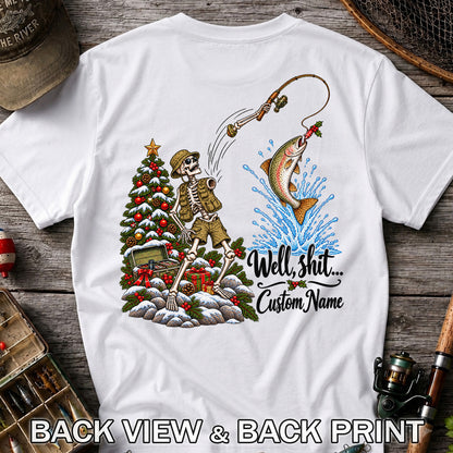 Skeleton Angler Christmas Fishing Personalized Graphic T-Shirt | Back Print