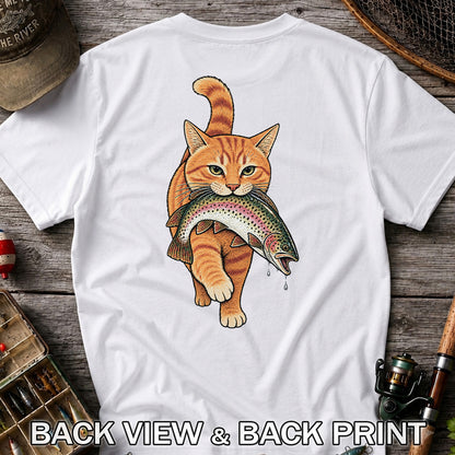 Cat Holding Trout Funny Fishing Graphic T-Shirt | Back Print