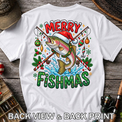 Merry Fishmas Santa Trout Christmas Fishing Graphic T-Shirt | Back Print