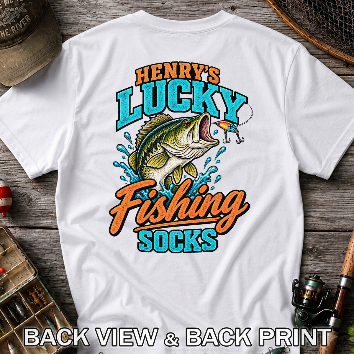 Henry's Lucky Fishing Socks Jumping Bass Graphic T-Shirt | Back Print