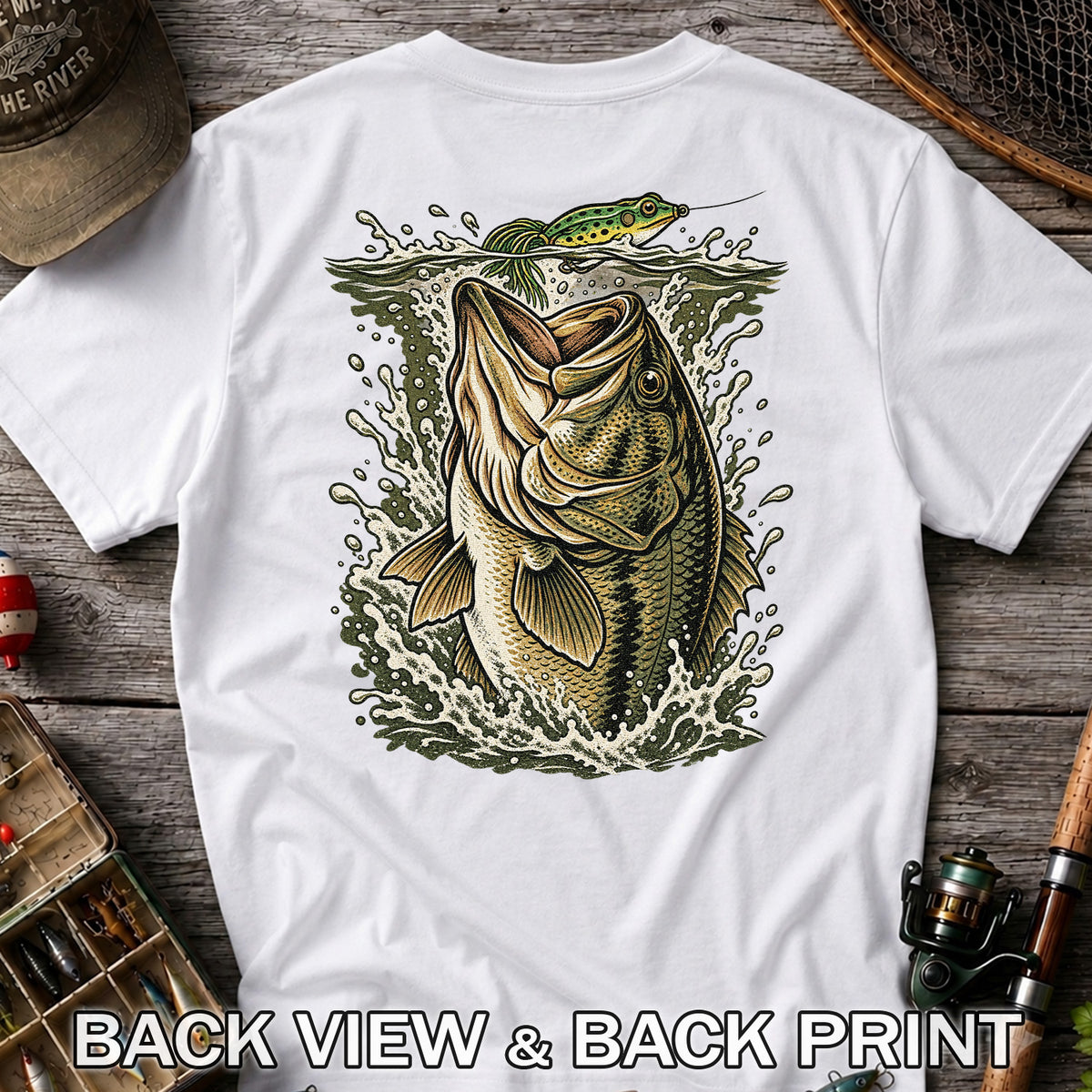 Largemouth Bass Striking a Frog Lure Fishing Graphic T-Shirt | Back Print