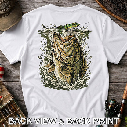 Largemouth Bass Striking a Frog Lure Fishing Graphic T-Shirt | Back Print