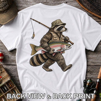 Raccoon Angler Carrying Rainbow Trout and Fishing Rod Graphic T-Shirt | Back Print