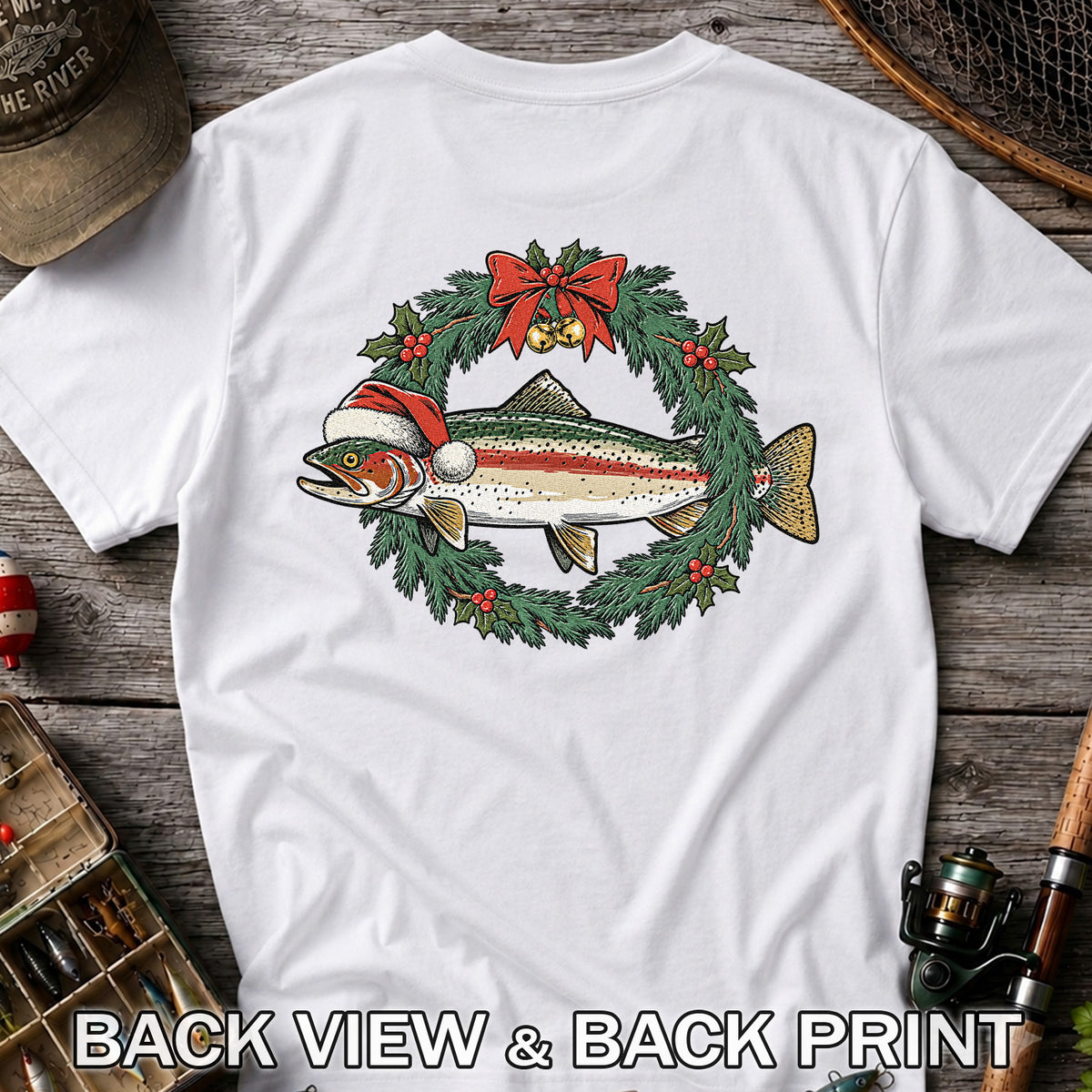 Christmas Trout Wreath Fishing Graphic T-Shirt | Back Print